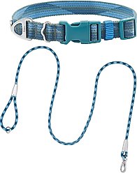 Frisco Outdoor Woven Jacquard Nylon Dog Collar, River Blue, Extra Small, Neck: 8-12-in, Width: 5/8th -in + Waterproof Stinkproof PVC Rope Leash, River Blue, 6 Ft.