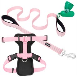 Frisco Padded Nylon No Pull Harness, Pink, 22 to 34-in chest + Traffic Leash with Padded Handles & Poop Bag Dispenser, Pink, 6-ft long
