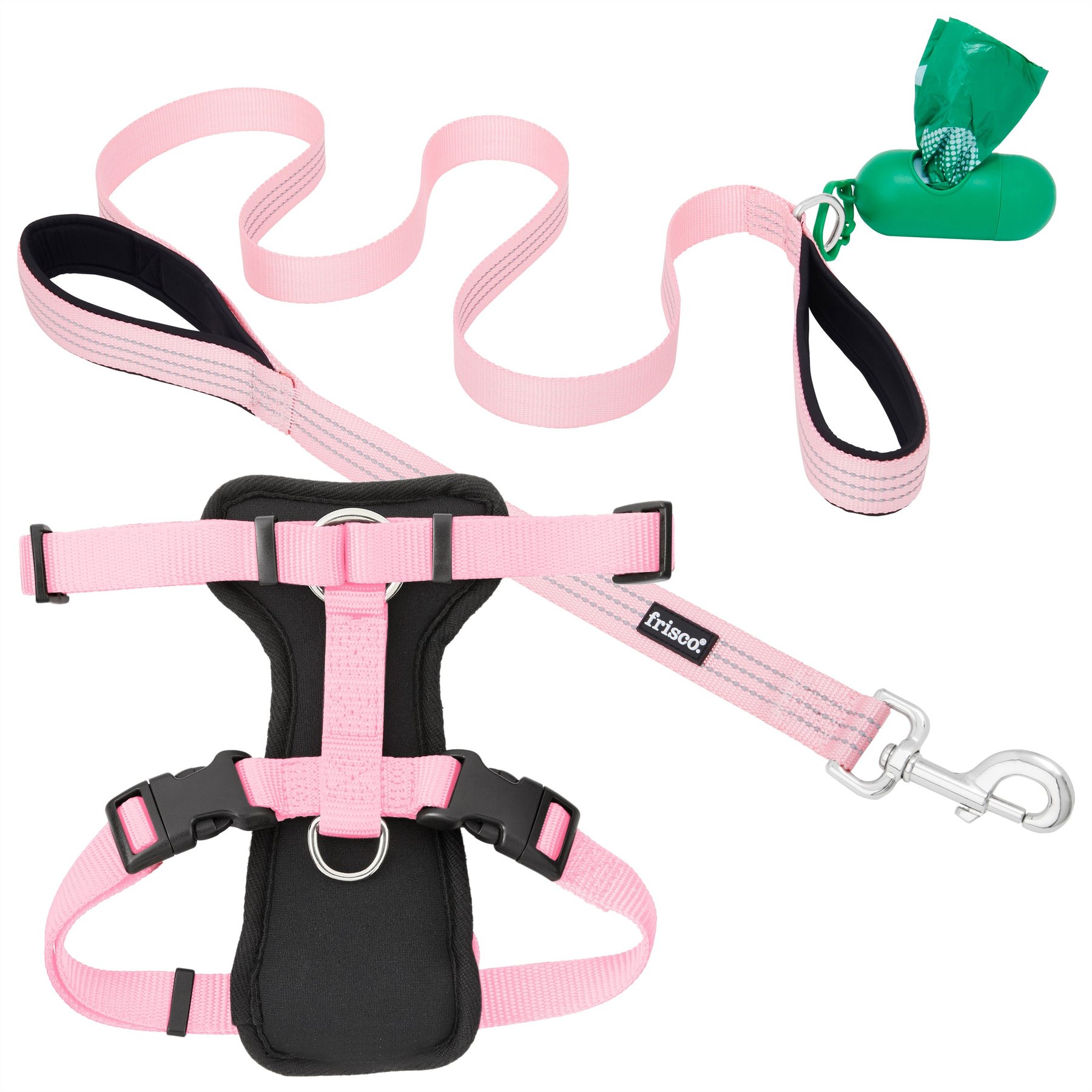 Frisco Padded Nylon No Pull Harness, Pink, 22 to 34-in chest + Traffic Leash with Padded Handles & Poop Bag Dispenser, Pink, 6-ft long
