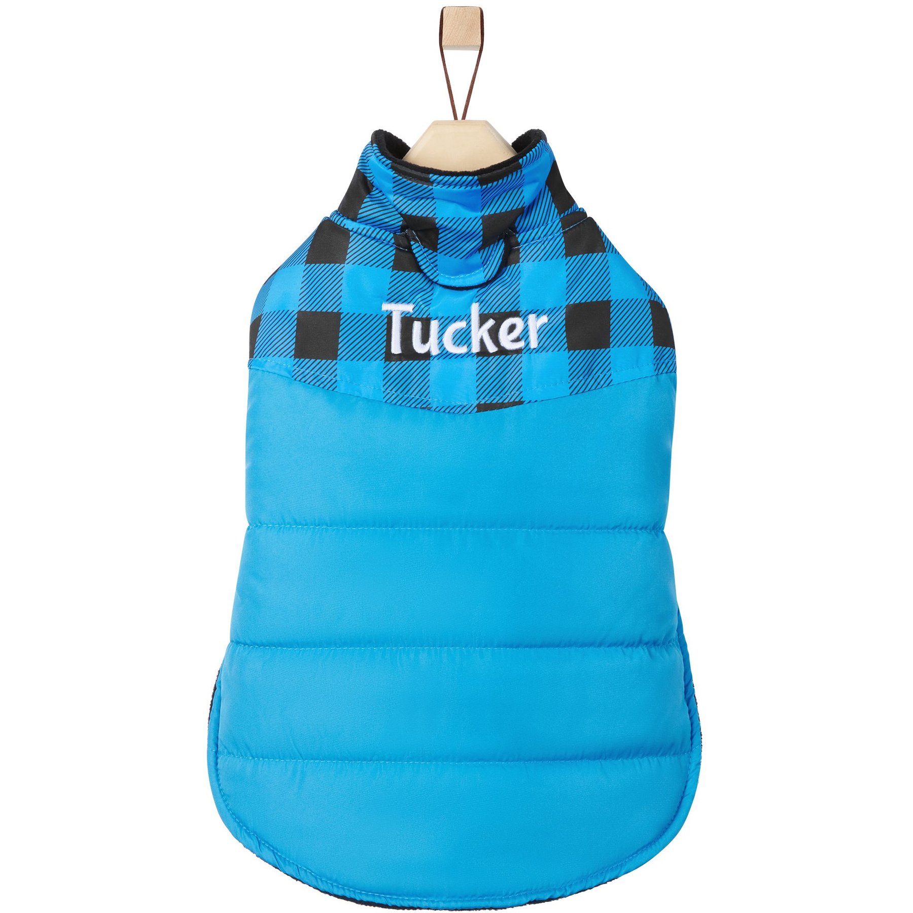 Frisco Personalized Boulder Plaid Insulated Dog & Cat Puffer Coat, Blue, Small