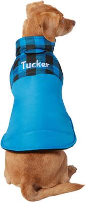 Show full view: Frisco Personalized Boulder Plaid Insulated Dog & Cat Puffer Coat, Blue, XXX-Large slide 3 of 9