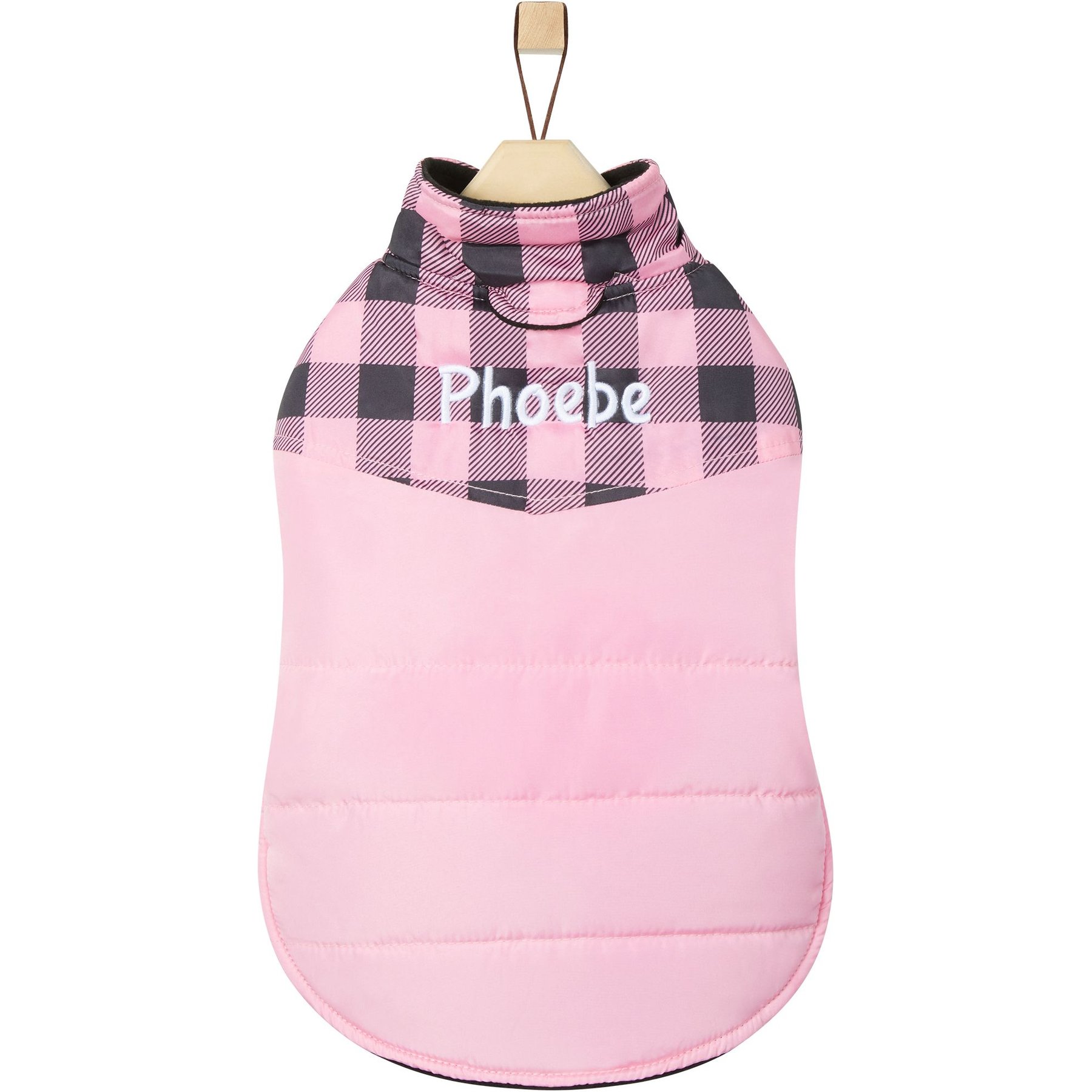 Frisco Personalized Boulder Plaid Insulated Dog & Cat Puffer Coat, Pink, Medium