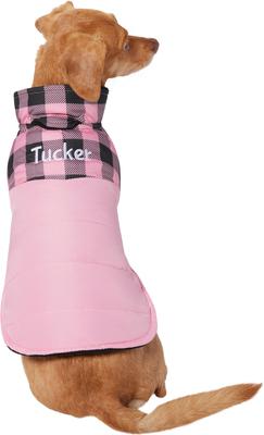 Show full view: Frisco Personalized Boulder Plaid Insulated Dog & Cat Puffer Coat, Pink, XX-Large slide 4 of 10