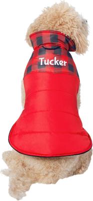 Show full view: Frisco Personalized Boulder Plaid Insulated Dog & Cat Puffer Coat, Red, Large slide 3 of 9