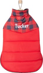 Frisco Personalized Boulder Plaid Insulated Dog & Cat Puffer Coat, Red, Small