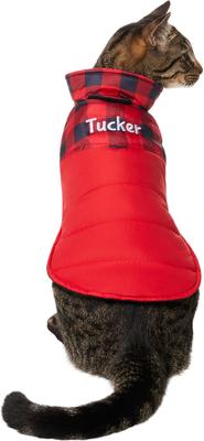 Show full view: Frisco Personalized Boulder Plaid Insulated Dog & Cat Puffer Coat, Red, Small slide 4 of 10