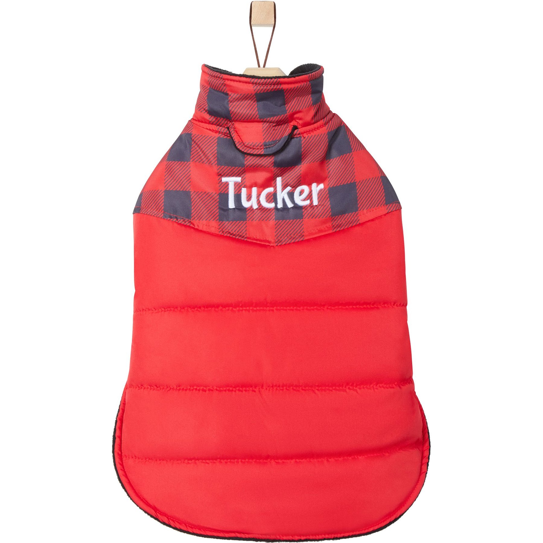 Frisco Personalized Boulder Plaid Insulated Dog & Cat Puffer Coat, Red, X-Small