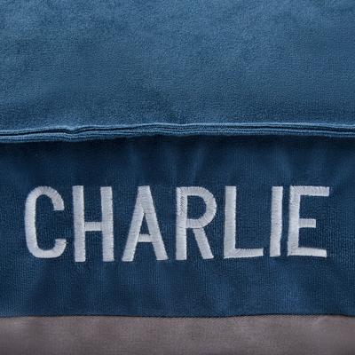 Show full view: Frisco Personalized Navy Bolstered Bed with Navy Check Bolster, Large slide 5 of 6