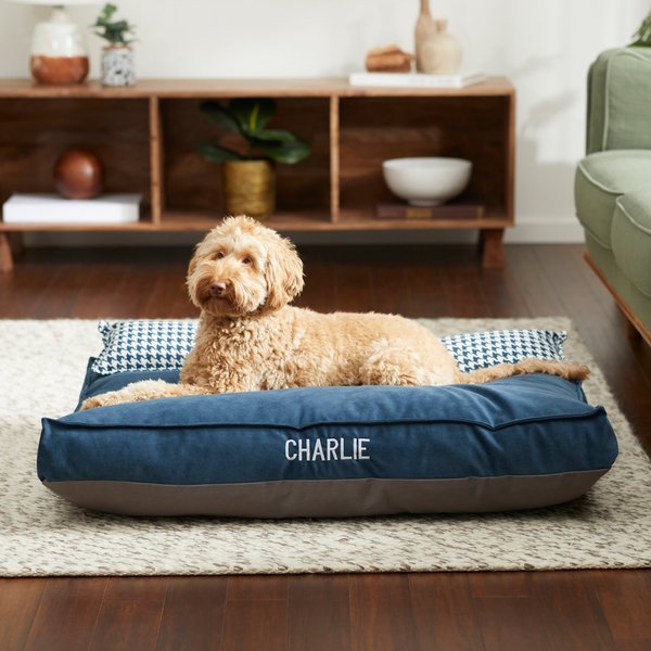 Frisco Personalized Navy Bolstered Bed with Navy Check Bolster
