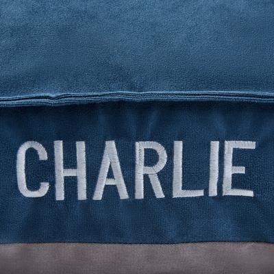 Show full view: Frisco Personalized Navy Bolstered Bed with Navy Check Bolster, X-Large slide 5 of 5