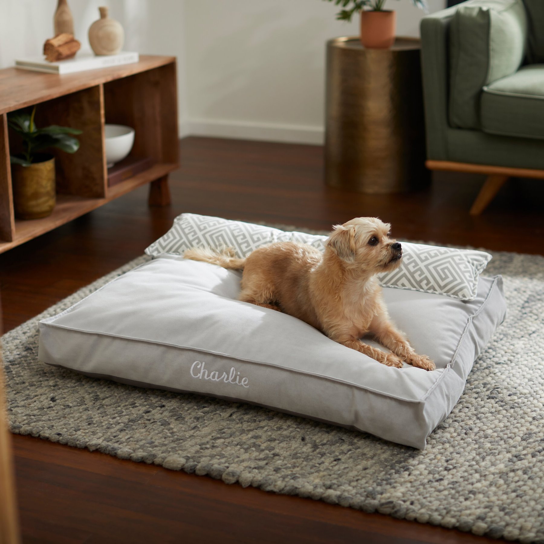 Frisco Personalized Silver Bolstered Bed with Silver Check Bolster, Large