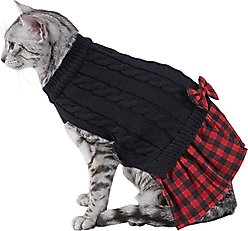 Frisco Plaid Cable Knit Dog & Cat Sweater Dress, Red Plaid, Small