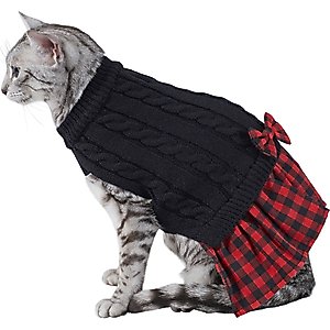 Frisco Plaid Cable Knit Dog & Cat Sweater Dress, Red Plaid, Small