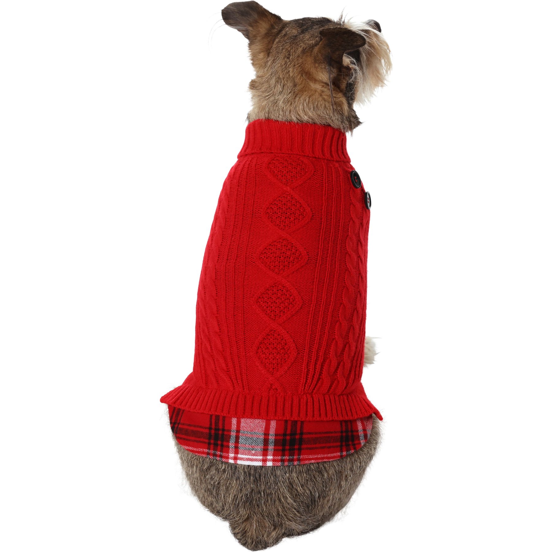 Frisco Plaid Cable Knit Dog & Cat Sweater, Red, Medium