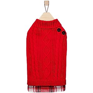 Frisco Plaid Cable Knit Dog & Cat Sweater, Red, Small