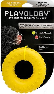 Show full view: Frisco Plush Squeaking Cow Toy, Medium + Playology All Natural Dual Layer Ring Dog Toy, Medium, Chicken Scented slide 5 of 9