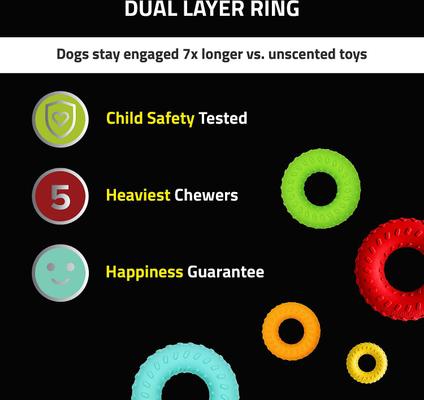 Show full view: Frisco Plush Squeaking Cow Toy, Medium + Playology All Natural Dual Layer Ring Dog Toy, Medium, Chicken Scented slide 8 of 9