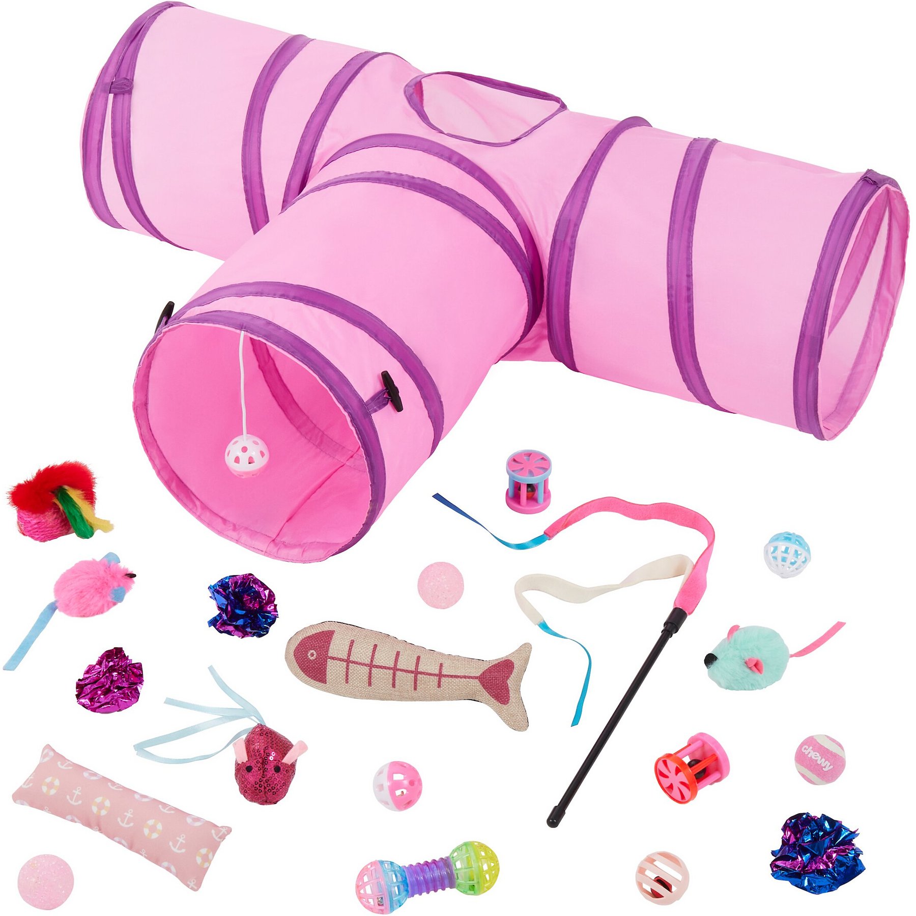 Frisco Plush, Teaser, Ball & Tri-Tunnel Variety Pack Cat Toy with Catnip, 20 count, Pink
