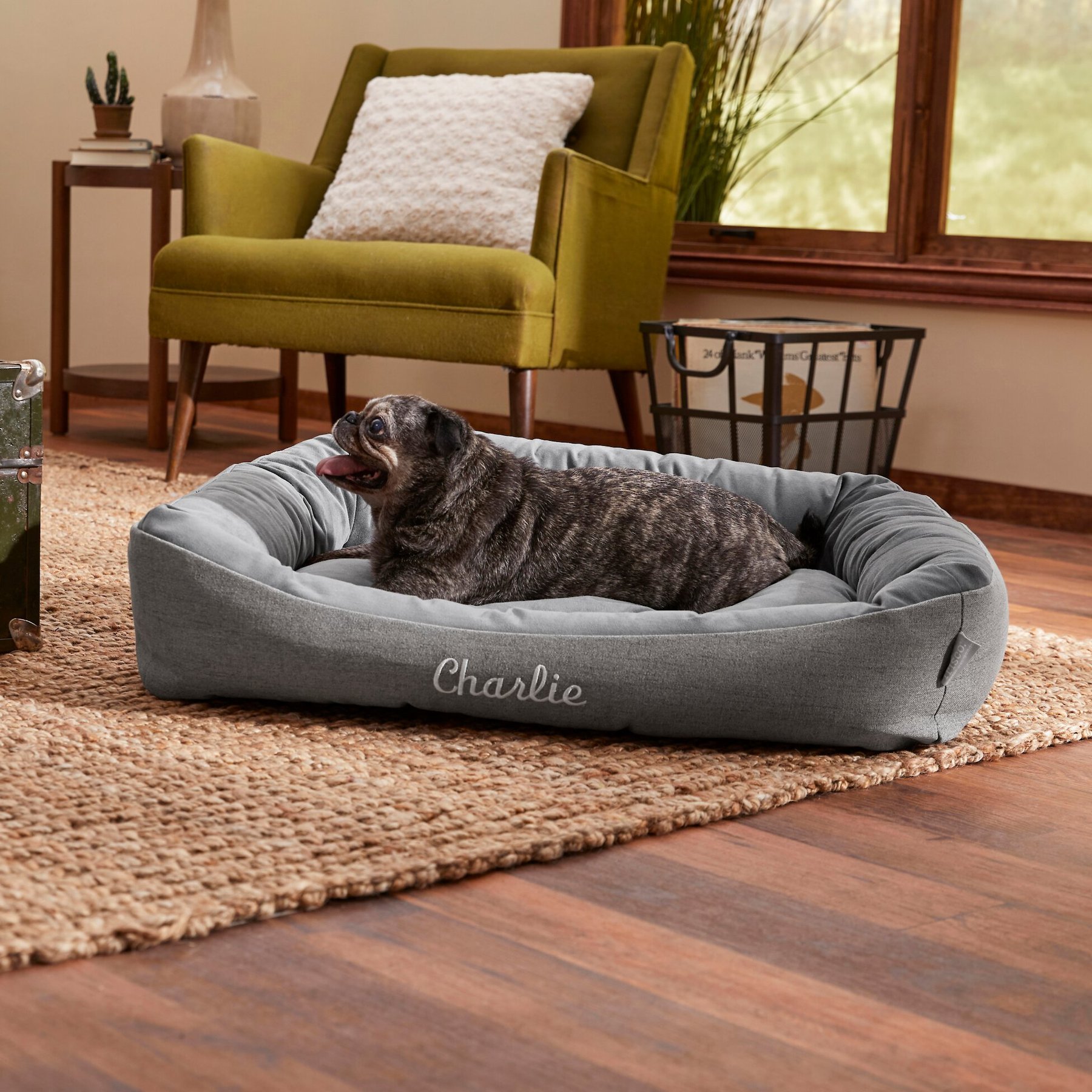 Frisco Rectangular Personalized Bolster Dog Bed w/Removable Cover, Dark Gray, Large