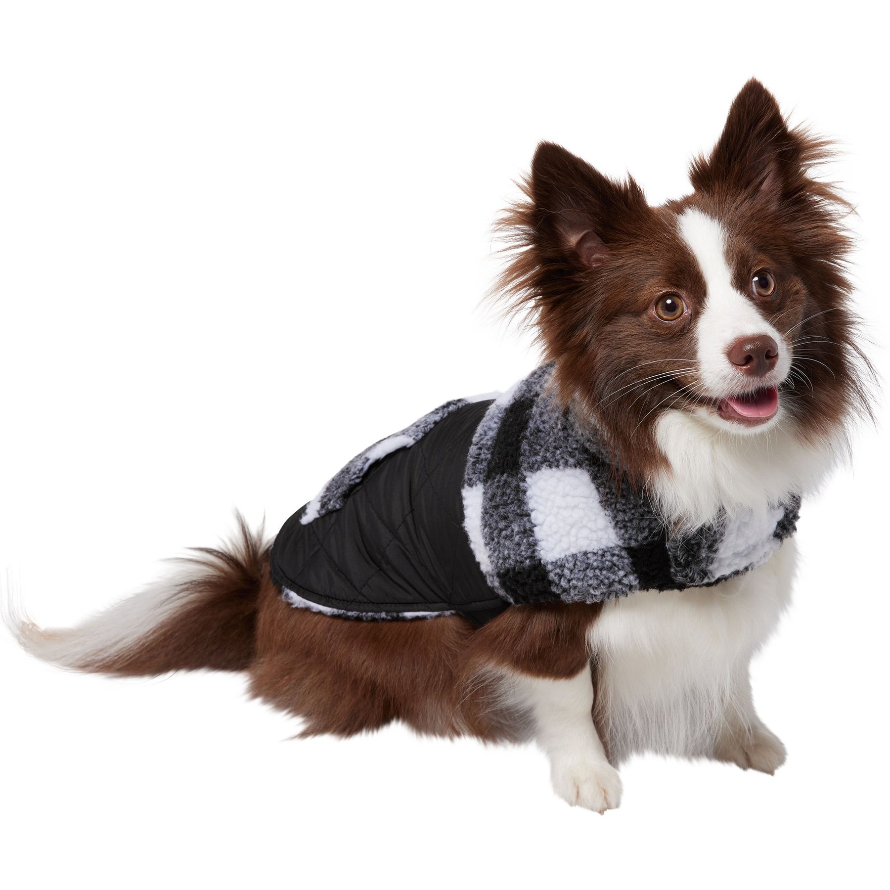 Frisco Reversible Medium Weight Boulder Plaid Dog & Cat Coat, Black/White, Medium