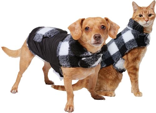 Show full view: Frisco Reversible Medium Weight Boulder Plaid Dog & Cat Coat, Black/White, Medium slide 3 of 9