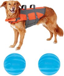 Frisco Ripstop Life Jacket, Large + Floating Fetch Ball No Squeak Dog Toy, Blue, Medium