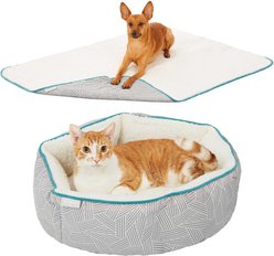 Frisco Sherpa Blanket, Small + Hexagon Bolster Cat & Dog Bed, Gray Basket Weave Print