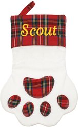 Frisco Christmas Sherpa Plaid Paw Holiday Personalized Dog & Cat Stocking, White