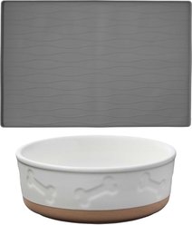 Frisco Silicone Food Mat, Gray, Large + Bones Non-skid Ceramic Dog Bowl, 2.5 Cups