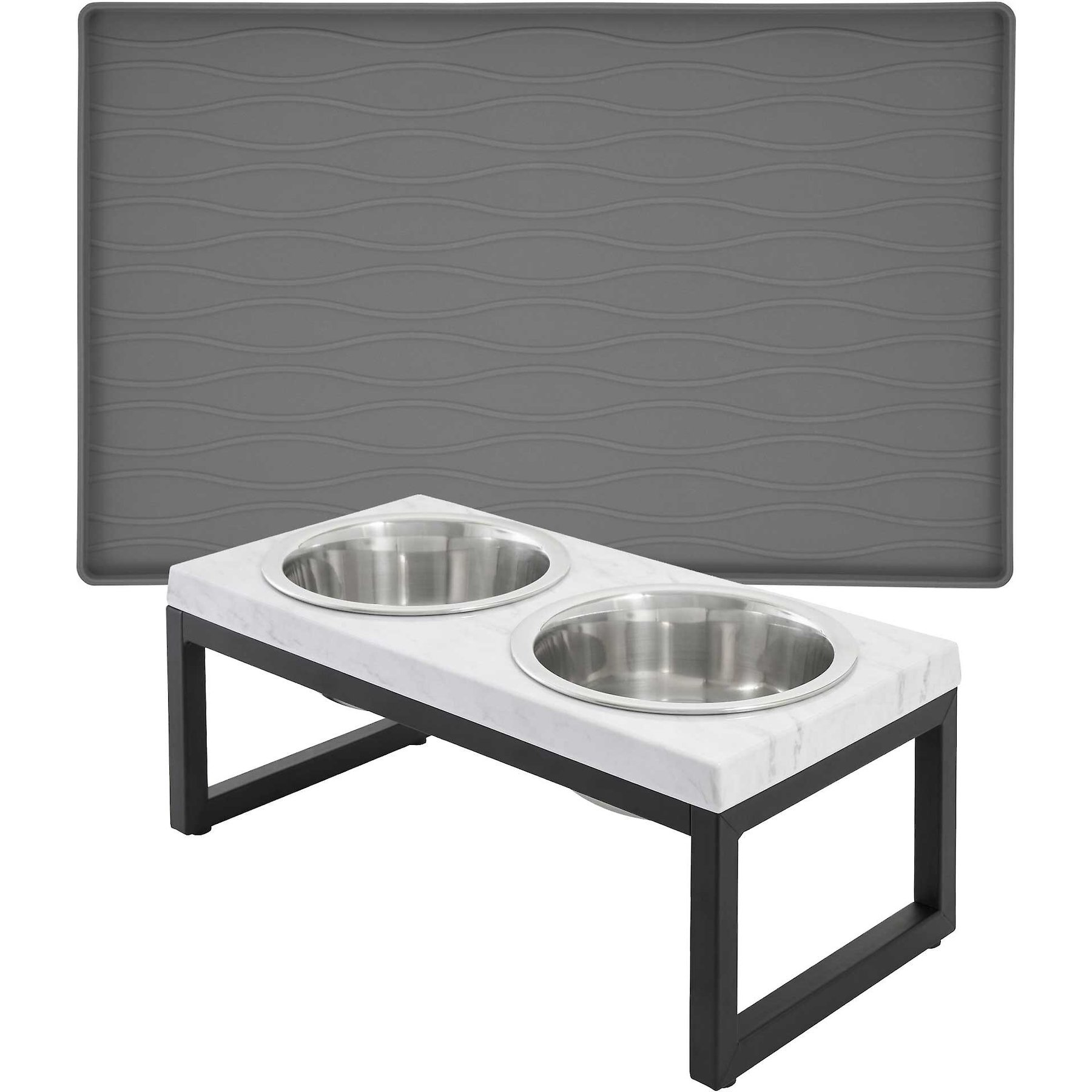 Frisco Silicone Food Mat, Gray, Medium & Frisco Marble Design Stainless Steel Double Elevated Dog Bowls, 3 Cups, Black Stand