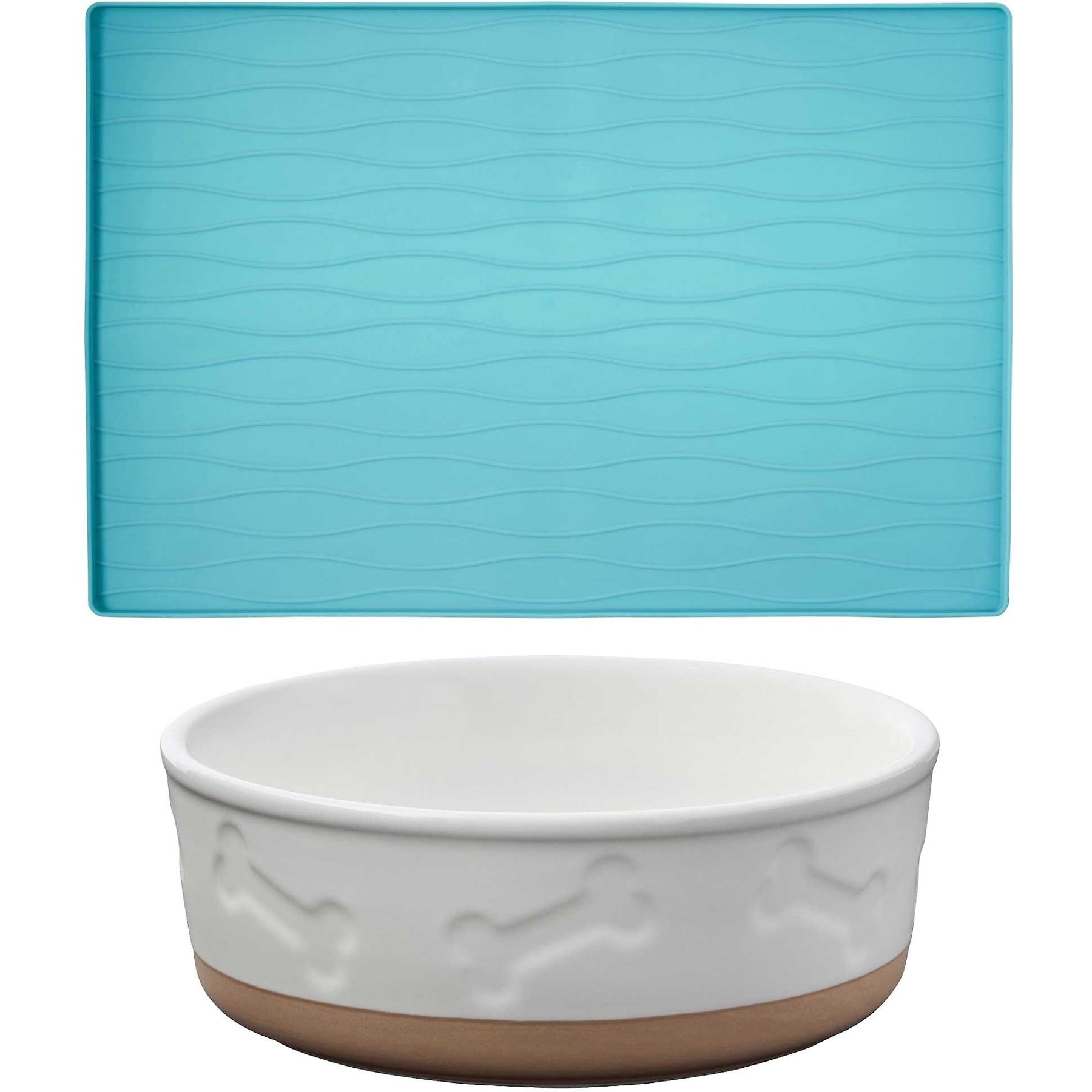 Frisco Silicone Food Mat, Teal, Large + Bones Non-skid Ceramic Dog Bowl, 2.5 Cups