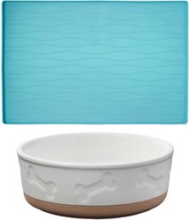 Frisco Silicone Food Mat, Teal, Large + Bones Non-skid Ceramic Dog Bowl, 4.50 Cups