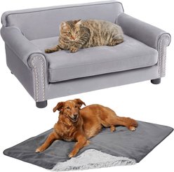 Frisco Sofa Bed with Removable Cover, Medium, Gray + Eyelash Cat & Dog Blanket, Silver