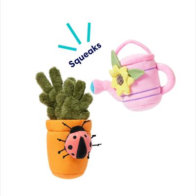 Show full view: Frisco Spring Potted Plant & Watering Can Plush Squeaky Dog Toy, Medium/Large, 2 count slide 3 of 7