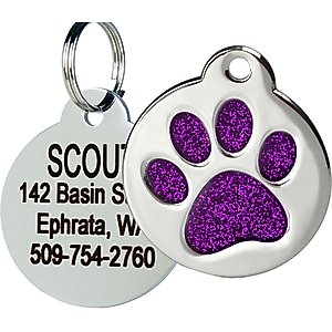 Frisco Stainless Steel Personalized Dog & Cat ID Tag, Paw Print, Purple Glitter, Regular
