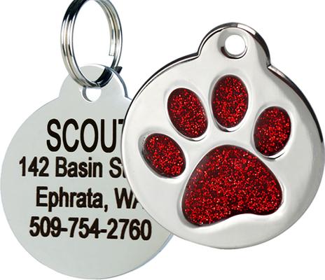 Show full view: Frisco Stainless Steel Personalized Dog & Cat ID Tag, Paw Print, Red Glitter, Regular slide 1 of 3
