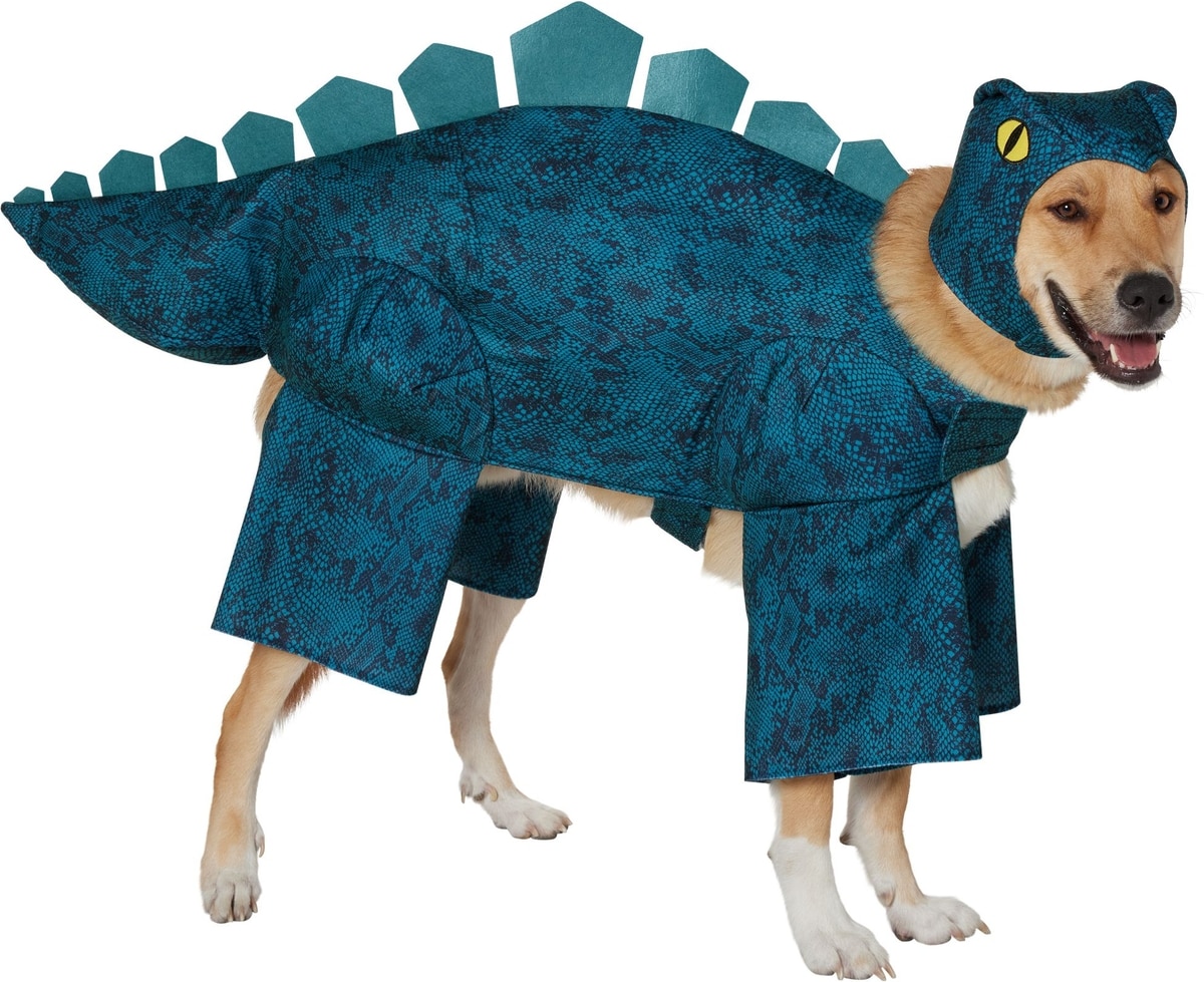 Golden Retriever wearing a Stegosaurus Dinosaur Halloween costume.