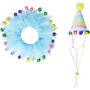 Frisco Striped Party Hat & Ruffle Collar Cat Birthday Costume, One Size