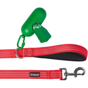 Frisco Traffic Leash with Dual Padded Handles & Poop Bag Dispenser, Red, 6-ft long