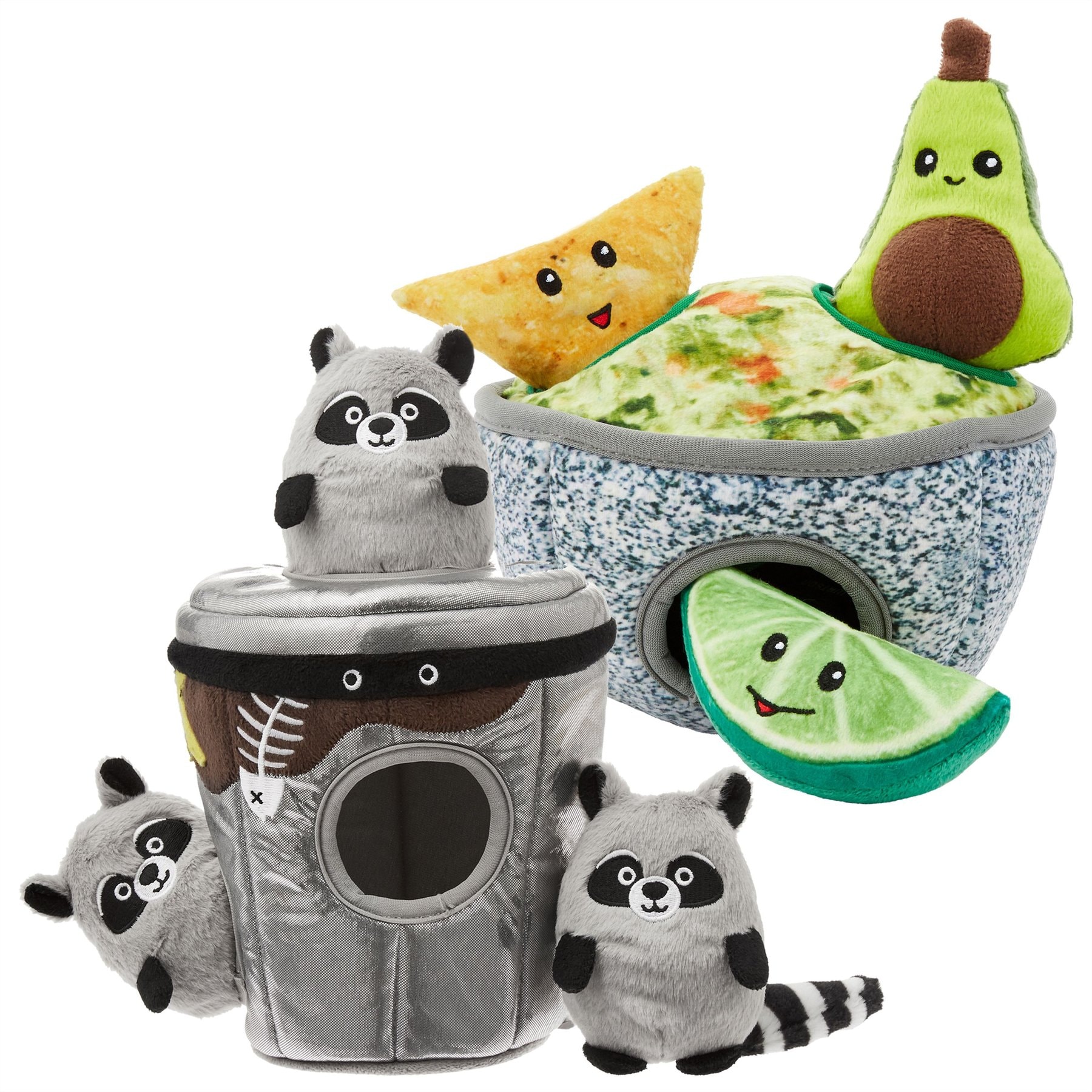 Frisco Trash Can & Raccoons + Guacamole Hide & Seek Puzzle Plush Squeaky Dog Toy