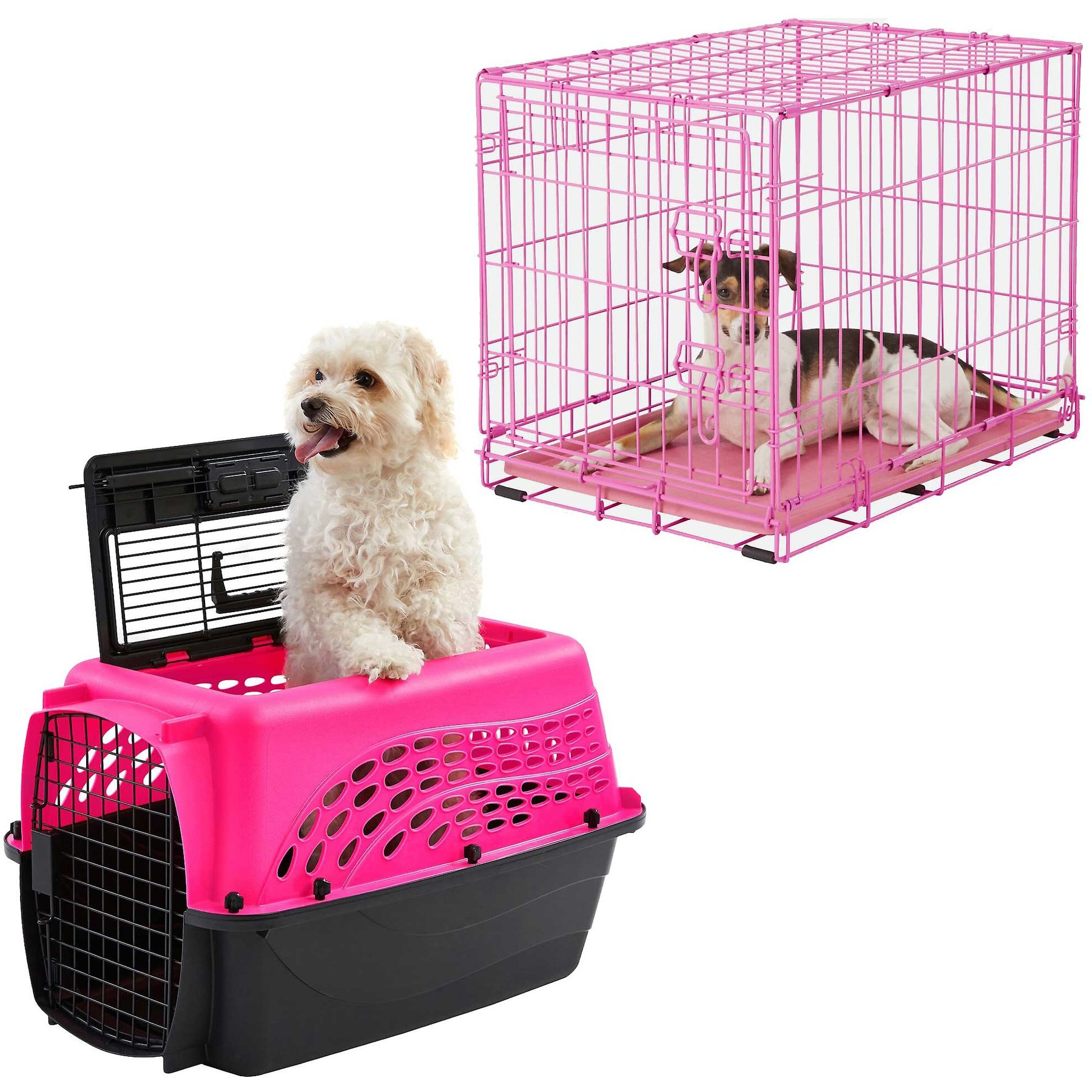 Frisco Two Door Top Load Plastic Kennel, 24-in + Fold & Carry Single Door Collapsible Wire Dog Crate, Pink, 24 inch