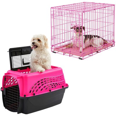 Frisco Two Door Top Load Plastic Kennel, 24-in + Fold & Carry Single Door Collapsible Wire Dog Crate, Pink, 24 inch