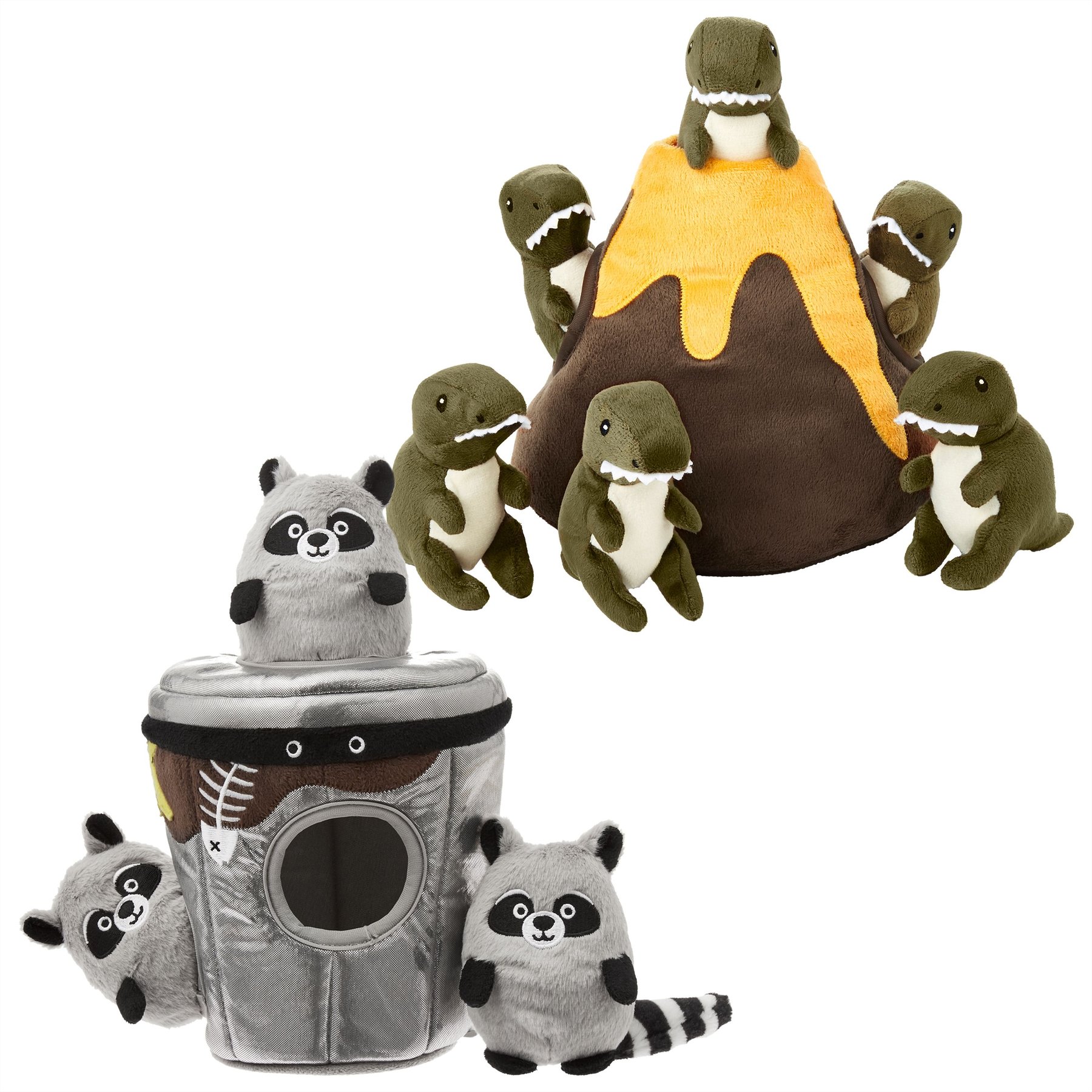 Frisco Volcano & Dinosaurs + Trash Can & Raccoons Hide & Seek Puzzle Plush Squeaky Dog Toy