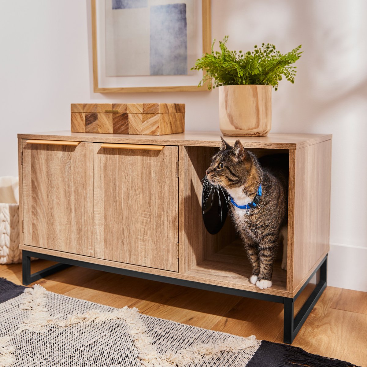 Frisco Walkway Entrance Two Door Bench Cat Litter Box Cover, Almond