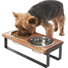 Frisco Wooden Bars Dog & Cat Double Bowl Diner, Black, Small: 2 cup