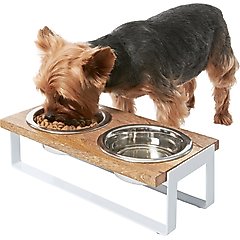 Frisco Wooden Bars Dog & Cat Double Bowl Diner, White, Small: 2 cup