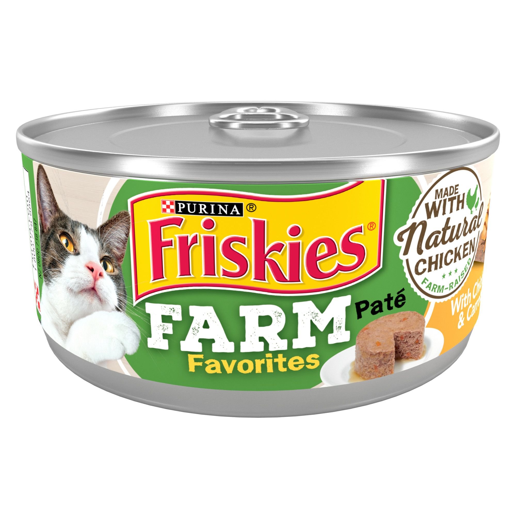 Questions and Answers about FRISKIES Farm Favorites Chicken & Carrots Pate  Wet Cat Food, 5.5-oz can, case of 24