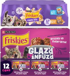 Friskies Favorites Wet Cat Food Bundle: Glaz’d & Infuz’d Variety Pack with Chicken, Crab or Shrimp, 5.5-oz can, 12 count + Meaty Bits with Ocean Fish & Chicken Dinner Chunks in Gravy Variety Pack, 13.5-oz can, 12 count