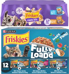 Friskies FavoritesWet Cat Food Bundle: Fully Load’d Chicken, Salmon, & Tuna Variety Pack, 5.5-oz can, 12 count + Meaty Bits with Ocean Fish & Chicken Dinner Chunks in Gravy Variety Pack, 13.5-oz can, 12 count slide 1 of 9
