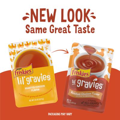 Show full view: Friskies Lil' Gravies Roasted Chicken Flavor Cat Food Complement, 1.55-oz pouch, case of 16 slide 3 of 10